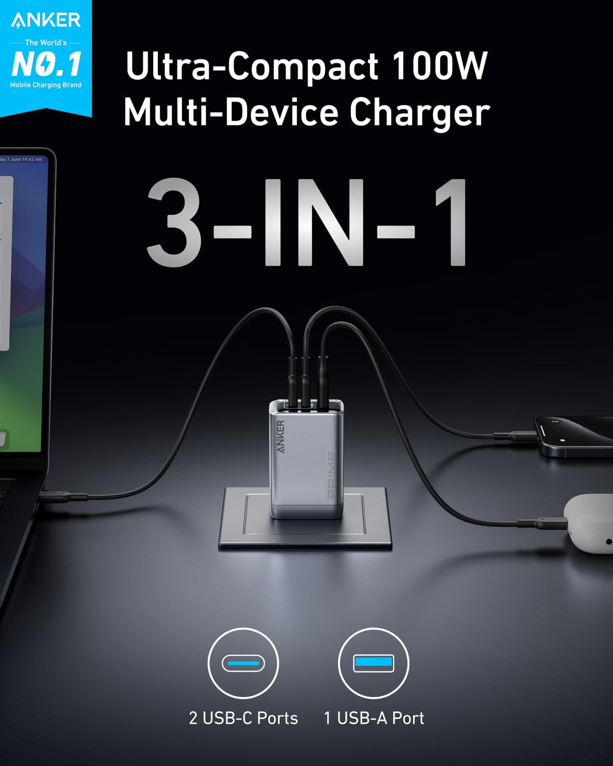 ankerrdeals Pro Charger (100W, 3 Ports, GaN) and USB-C to USB-C Cable (240W, 6 ft)