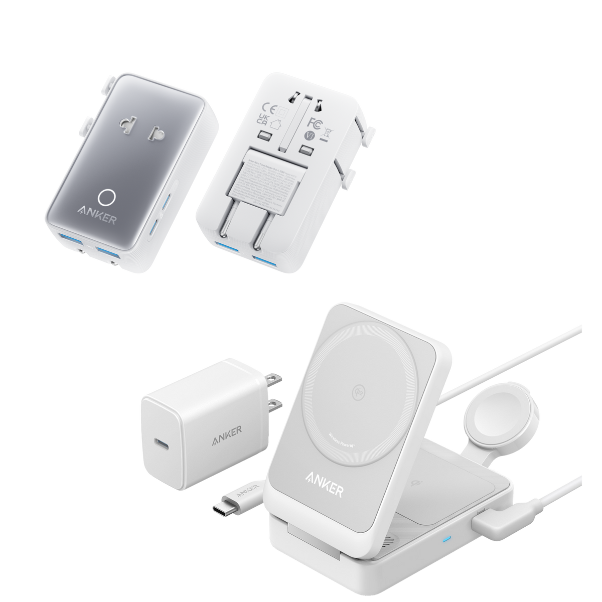 ankerrdeals Magnetic Wireless Charging Station (Foldable 3-in-1) and ankerrdeals Mini Travel Adapter (5-in-1, 20W, 1-Pack)