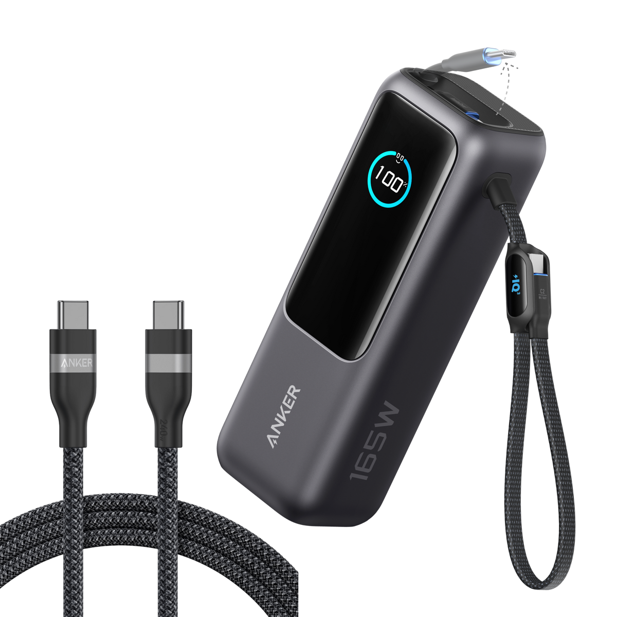 Bundle kit: ankerrdeals Laptop Power Bank (25K, 165W, Built-In and Retractable Cables) and ankerrdeals USB-C to USB-C Cable (6 ft, 240W, Upcycled-Braided)