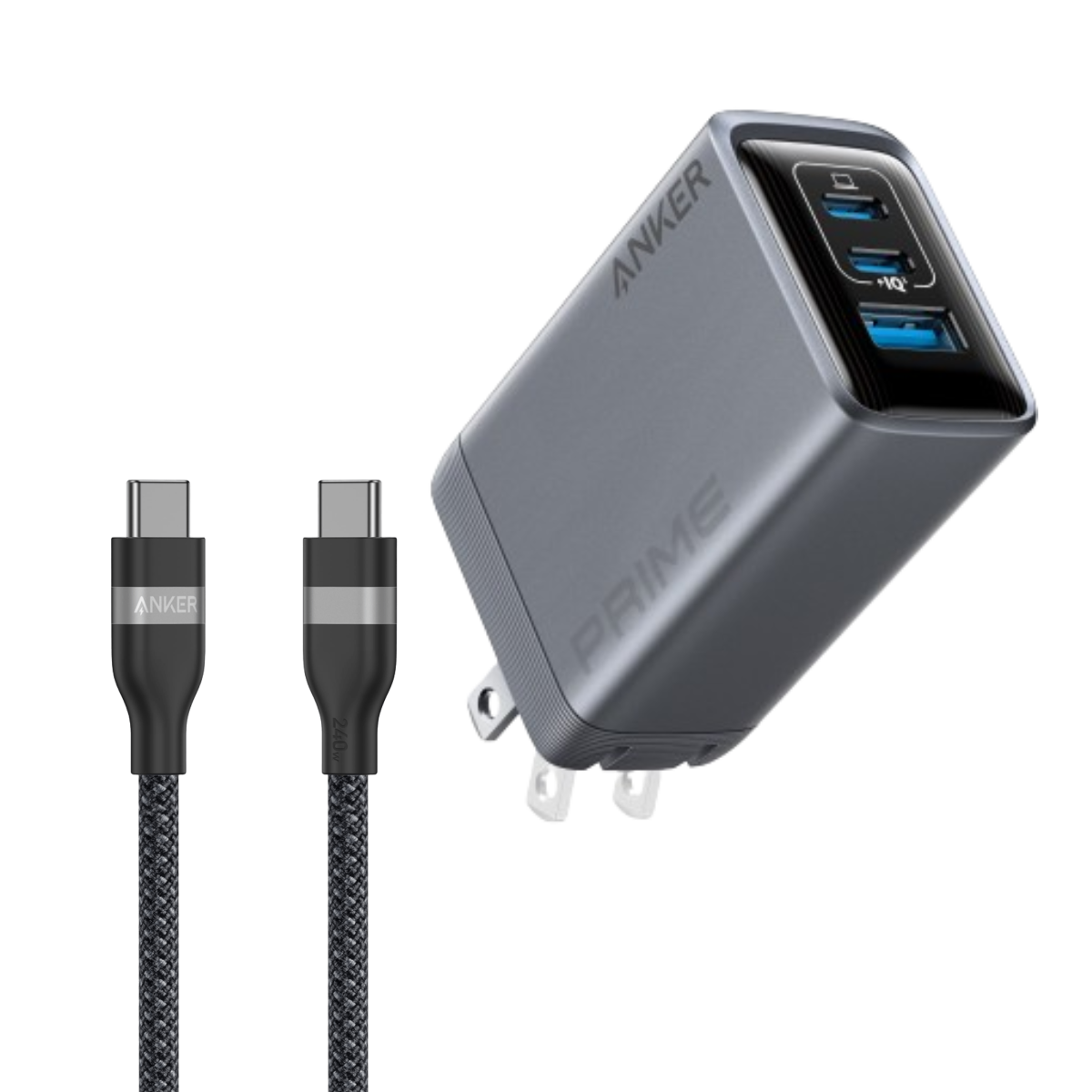 ankerrdeals Pro Charger (100W, 3 Ports, GaN) and ankerrdeals USB-C to USB-C Cable (3 ft / 6 ft, 240W, Upcycled-Braided)
