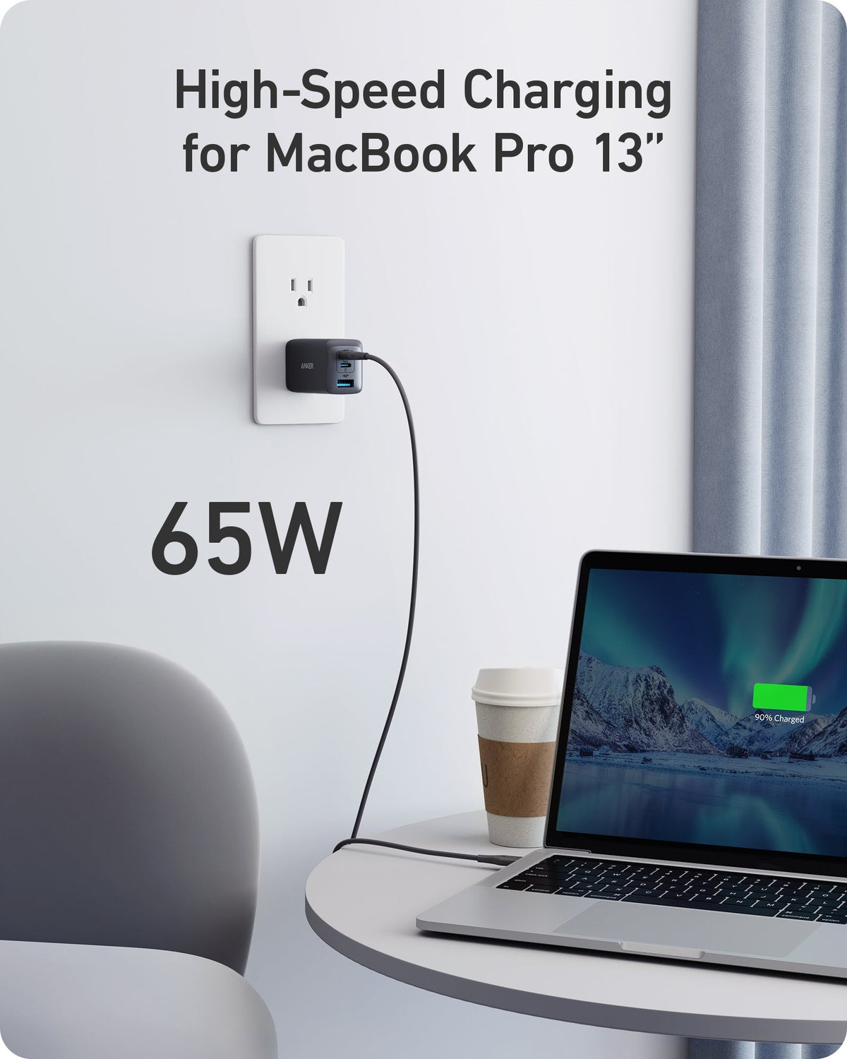 Anker  charger powering MacBook Pro for fast 65W charging