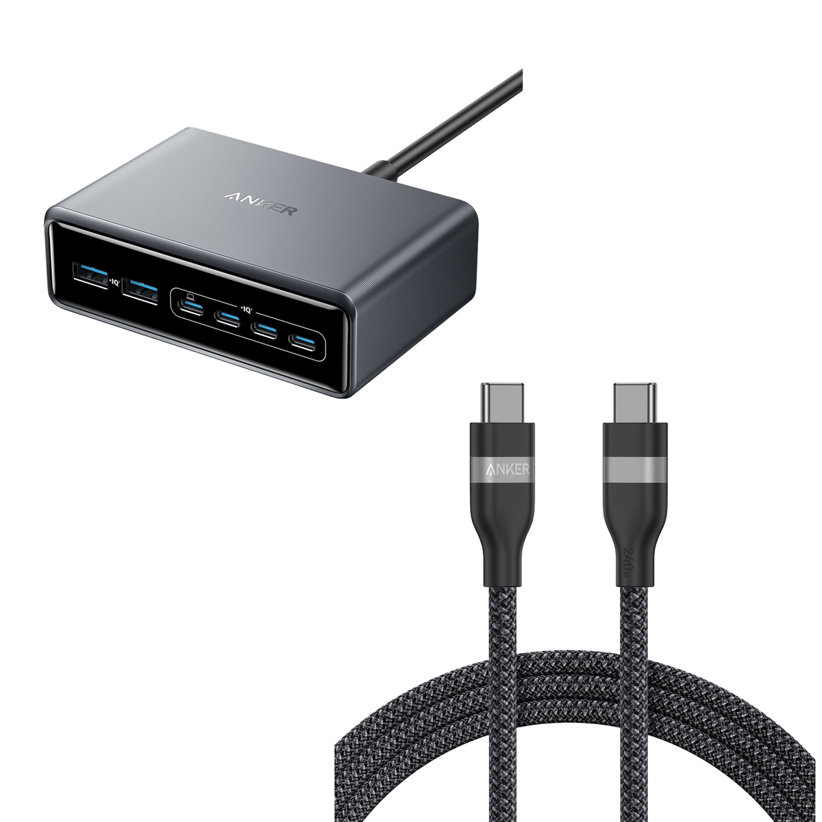ankerrdeals Pro Charger (200W, 6 Ports, GaN) and ankerrdeals USB-C to USB-C Cable (6 ft, 240W, Upcycled-Braided)