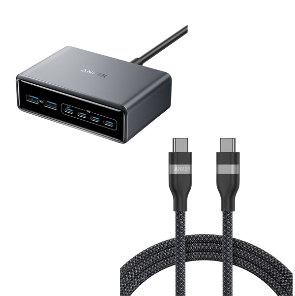 ankerrdeals Pro Charger (200W, 6 Ports, GaN) and ankerrdeals USB-C to USB-C Cable (6 ft, 240W, Upcycled-Braided)