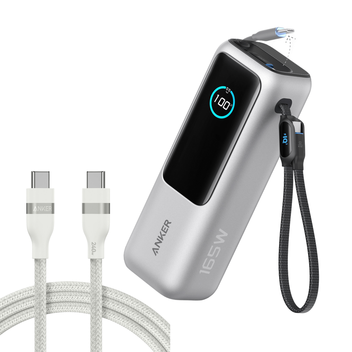 Bundle kit: ankerrdeals Laptop Power Bank (25K, 165W, Built-In and Retractable Cables) and ankerrdeals USB-C to USB-C Cable (6 ft, 240W, Upcycled-Braided)