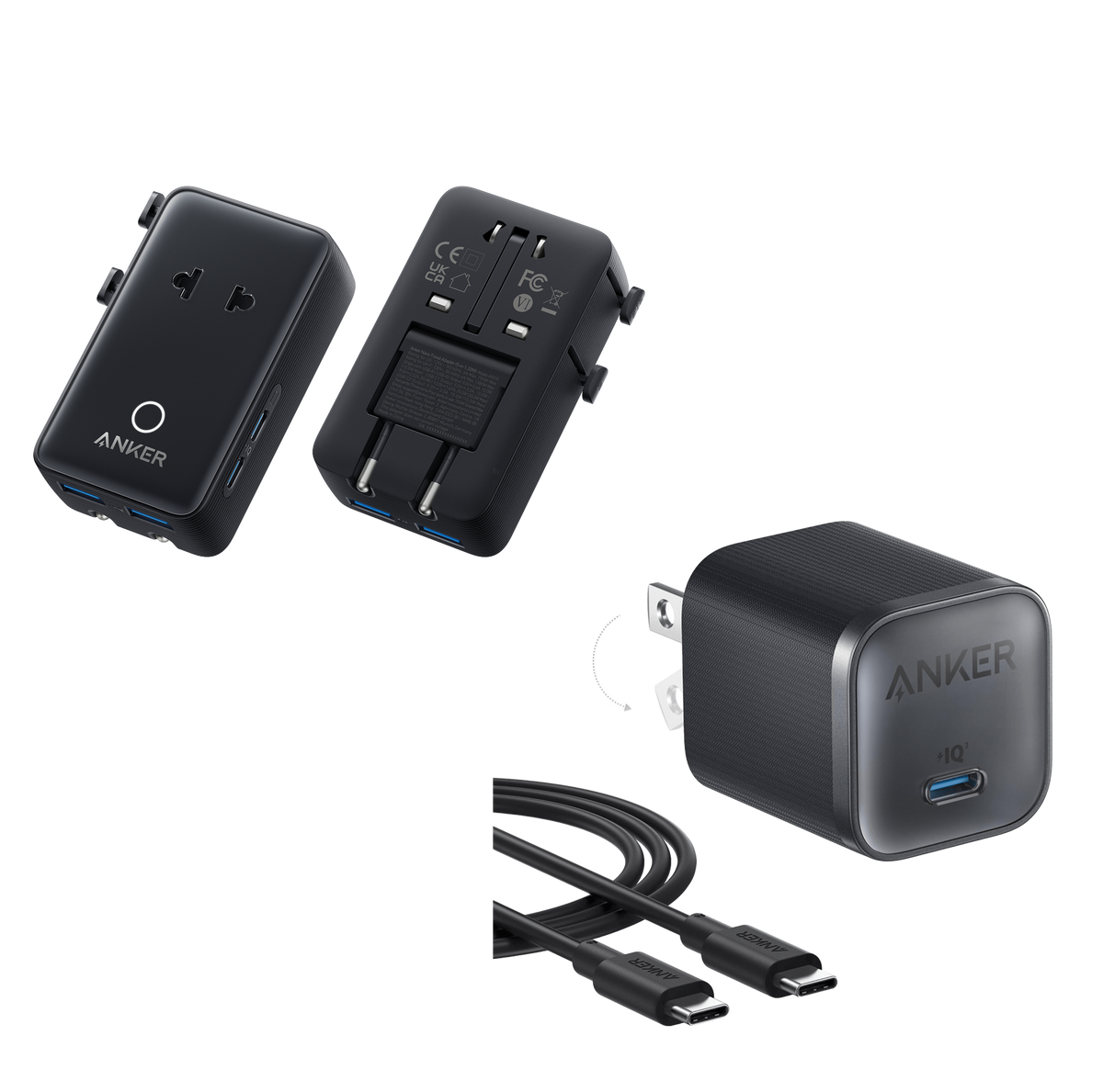 ankerrdeals Mini Travel Adapter (5-in-1, 20W, 1-Pack) and ankerrdeals Mini Charger (45W) with USB-C to USB-C Cable