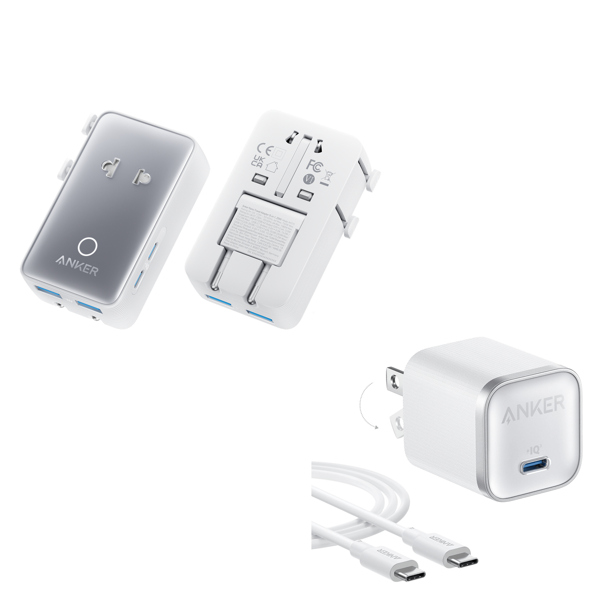 ankerrdeals Mini Travel Adapter (5-in-1, 20W, 1-Pack) and ankerrdeals Mini Charger (45W) with USB-C to USB-C Cable