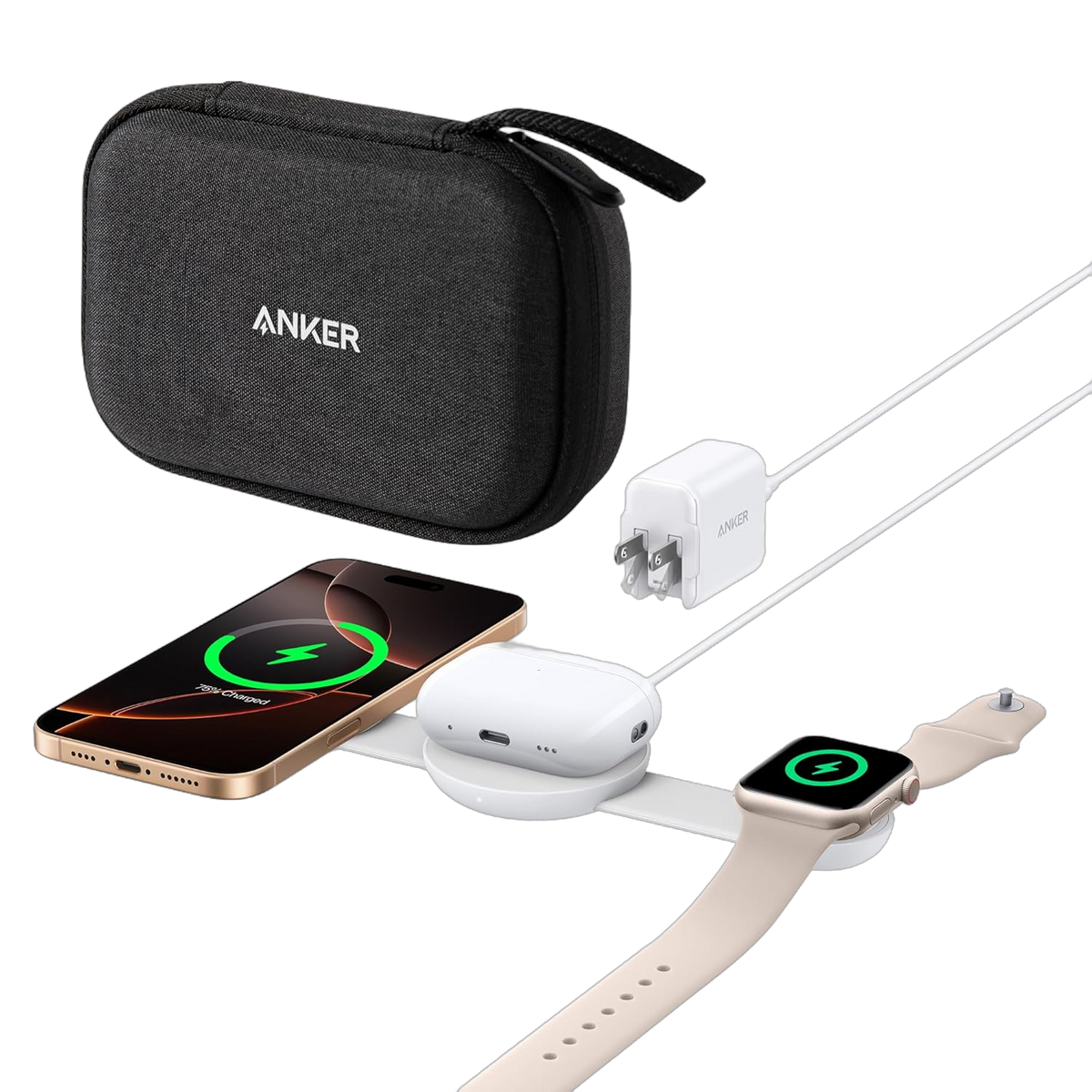 ankerrdeals Magnetic Wireless Charging Station (3-in-1, Foldable Pad, Aurora White, with Travel Case & Adapter)