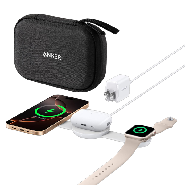 ankerrdeals Magnetic Wireless Charging Station (3-in-1, Foldable Pad, Aurora White, with Travel Case & Adapter)